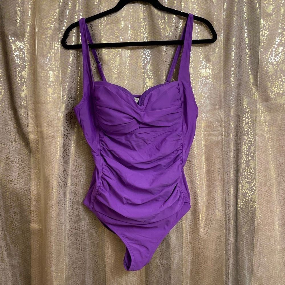 Jaclyn‎ Smith Purple Ruched Twist Front One Piece Swimsuit, 14